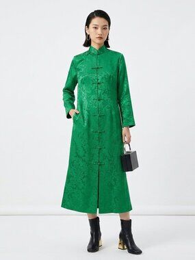 VINTAGE 60s Nancy Lang Hawaiian Green Silk Dress Robe Small/Petite